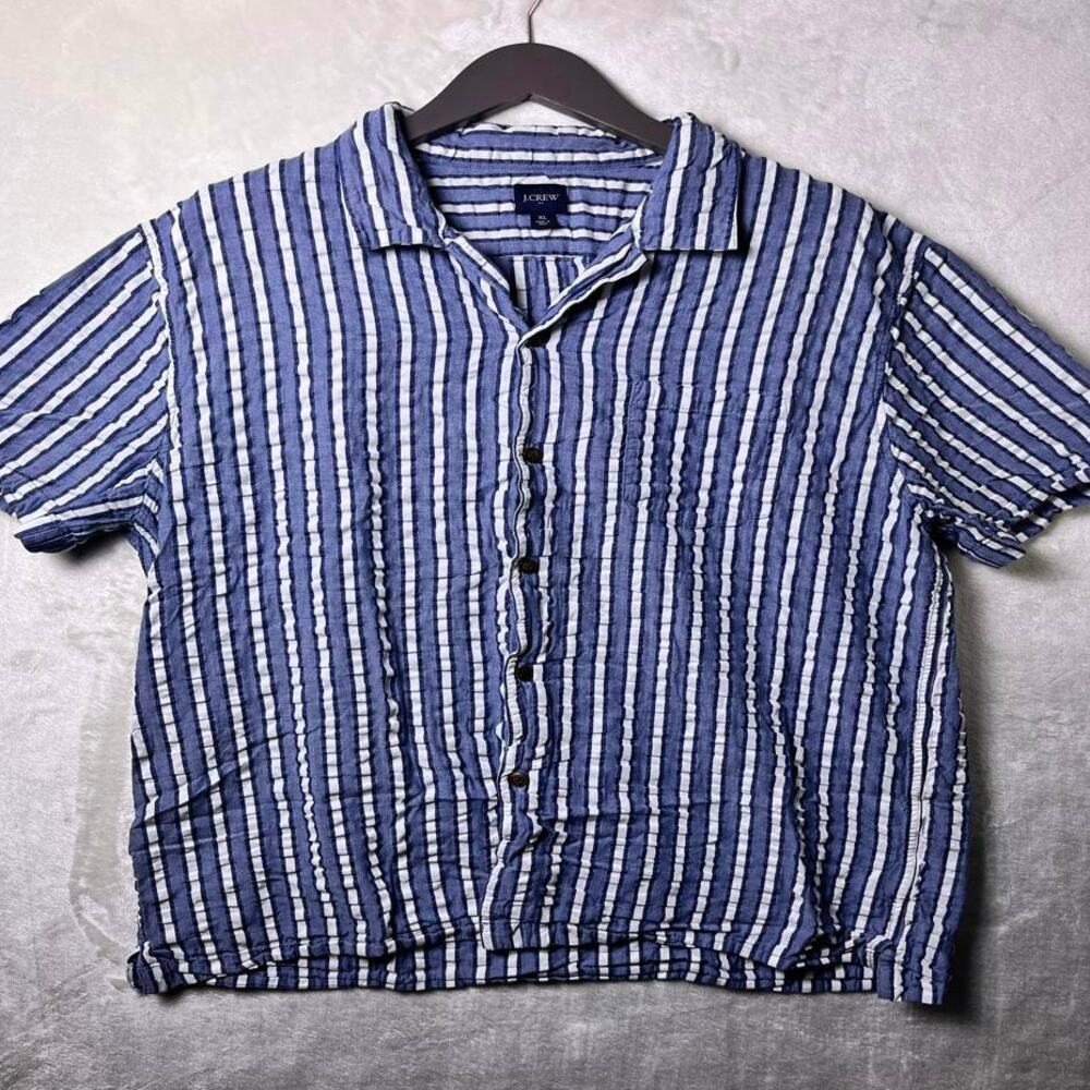 J Crew Seersucker Crinkle Cotton Striped Coastal Camp Shirt Men's XL Button Up